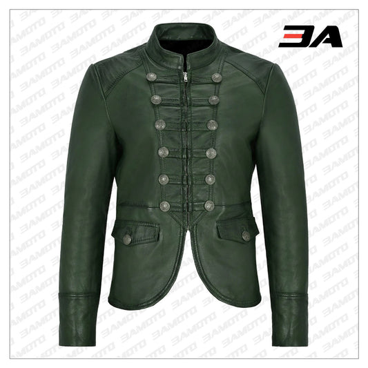 Green Victory Military Parade Style Real Leather Jacket - 3A MOTO LEATHER - 3amoto shop