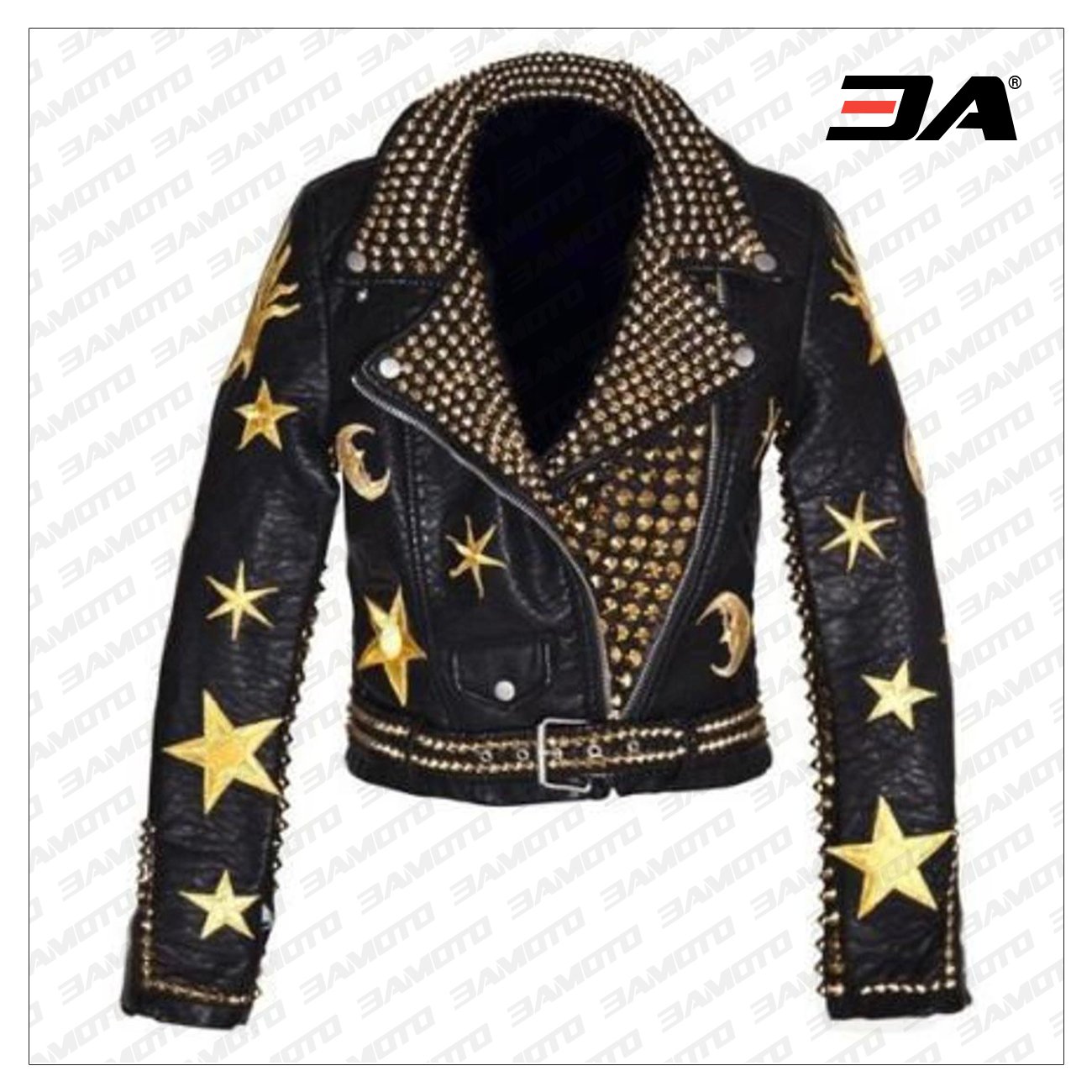 HANDMADE Men Steampunk Jacket Golden Studs and Stars Embroidery Patches, Wild Tiger Patch Punk Hippie Style - 3A MOTO LEATHER