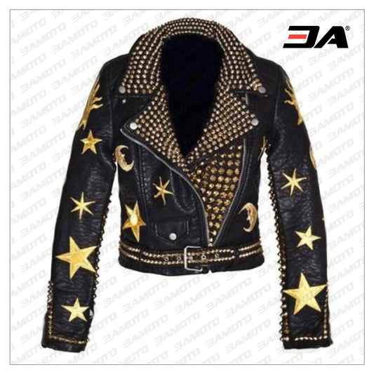 HANDMADE Men Steampunk Jacket Golden Studs and Stars Embroidery Patches, Wild Tiger Patch Punk Hippie Style - 3A MOTO LEATHER - Fashion Leather Jackets USA - 3AMOTO