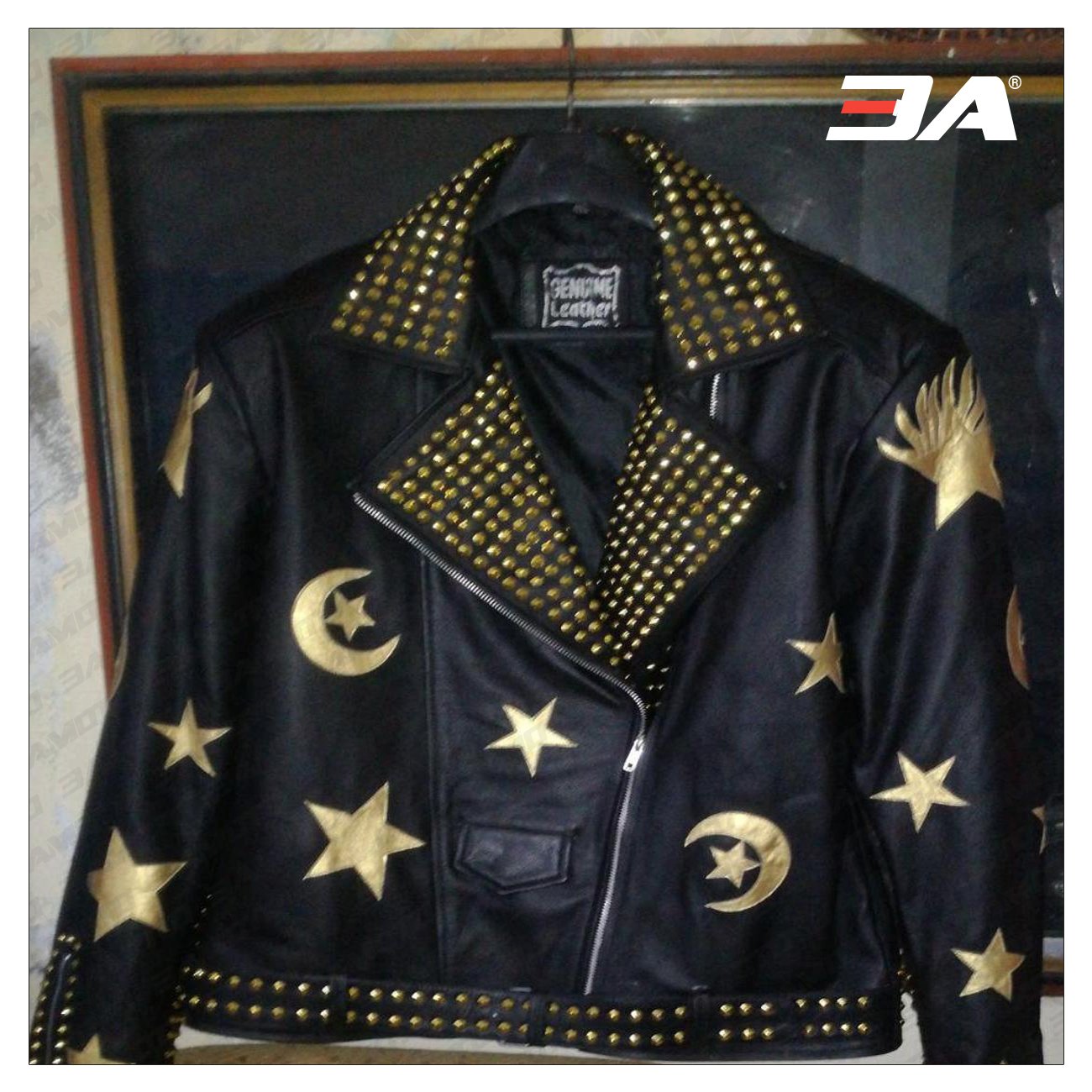 HANDMADE Men Steampunk Jacket Golden Studs and Stars Embroidery Patches, Wild Tiger Patch Punk Hippie Style - 3A MOTO LEATHER