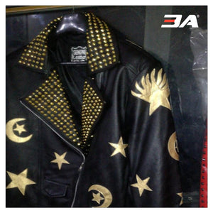HANDMADE Men Steampunk Jacket Golden Studs and Stars Embroidery Patches, Wild Tiger Patch Punk Hippie Style - 3A MOTO LEATHER