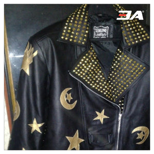 HANDMADE Men Steampunk Jacket Golden Studs and Stars Embroidery Patches, Wild Tiger Patch Punk Hippie Style - 3A MOTO LEATHER