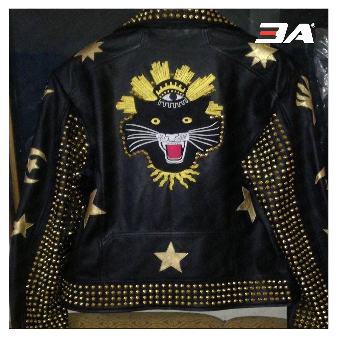 HANDMADE Men Steampunk Jacket Golden Studs and Stars Embroidery Patches, Wild Tiger Patch Punk Hippie Style - 3A MOTO LEATHER