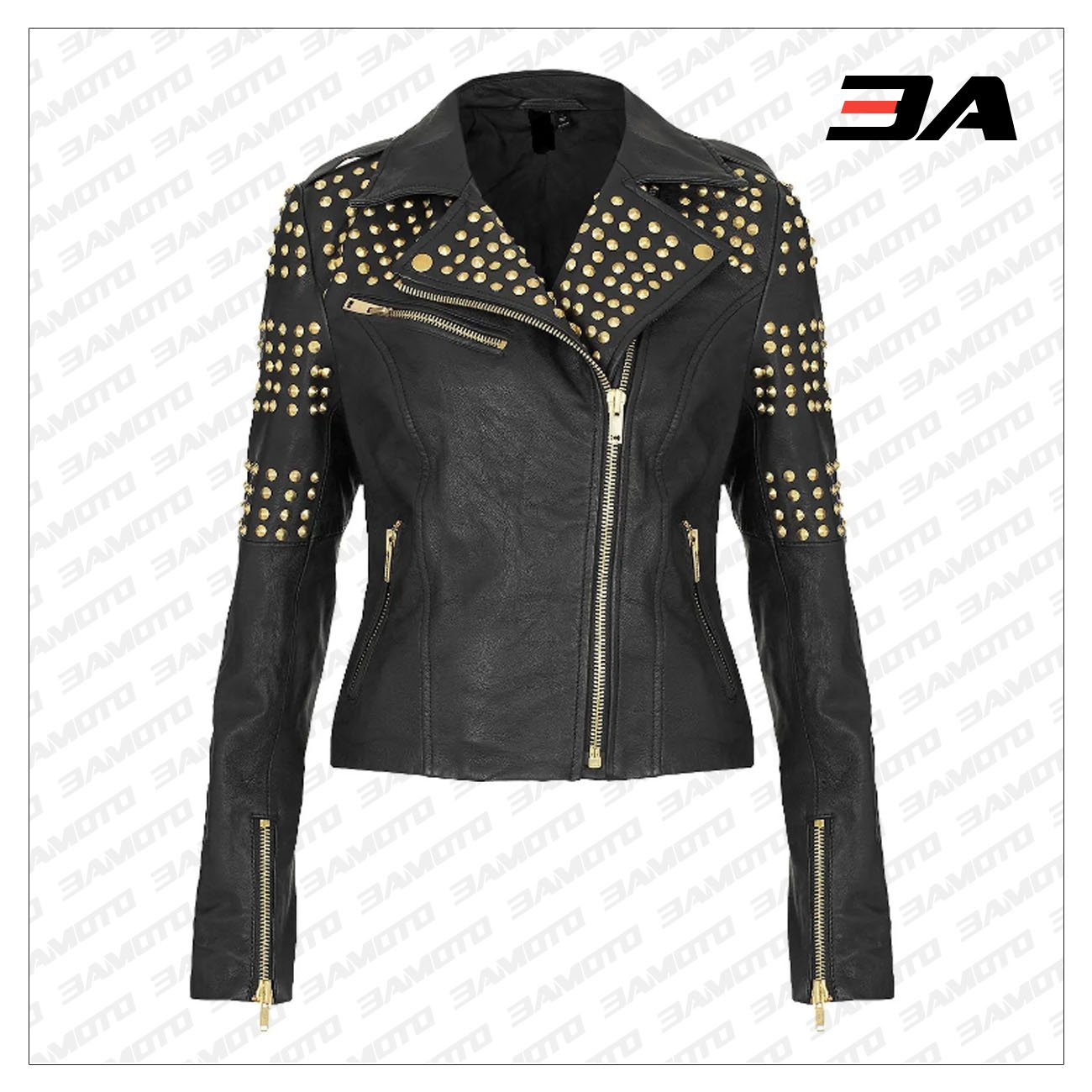 Handcrafted Golden Half Studded Black Leather Jacket - 3A MOTO LEATHER