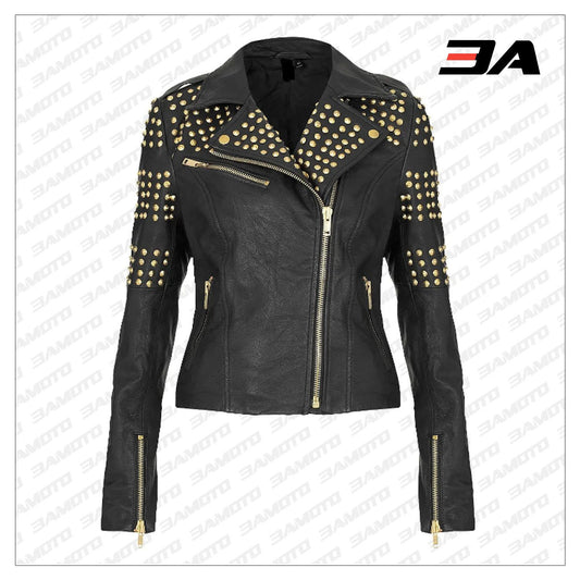 Handcrafted Golden Half Studded Black Leather Jacket - 3A MOTO LEATHER - 3amoto shop