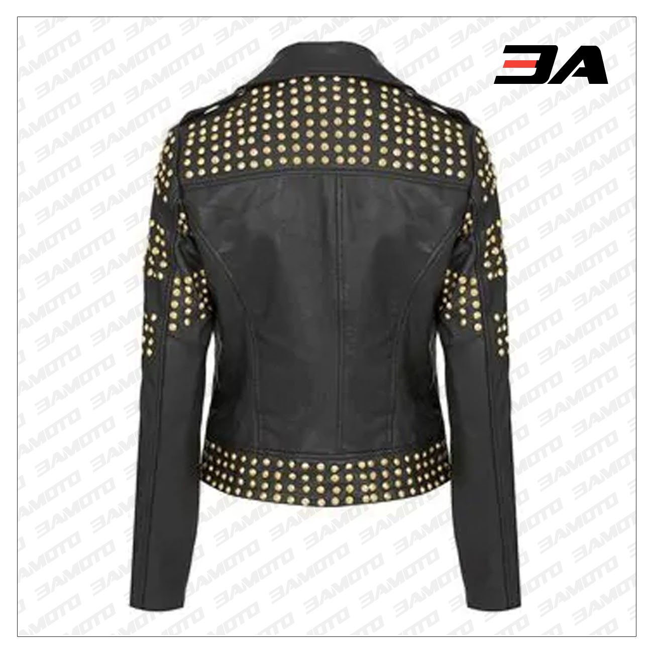 Handcrafted Golden Half Studded Black Leather Jacket - 3A MOTO LEATHER