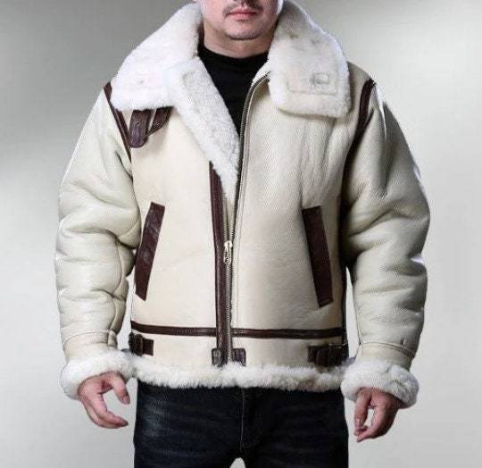 Handmade Men's Shearling Leather Bomber Jacket