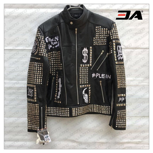 Handmade Black Color Biker Jackets, Real Leather Studded Jackets For Mens - 3A MOTO LEATHER - Fashion Leather Jackets USA - 3AMOTO