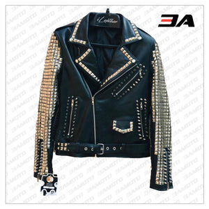 Handmade Black Leather Studded Punk Style Jacket For Women - 3A MOTO LEATHER