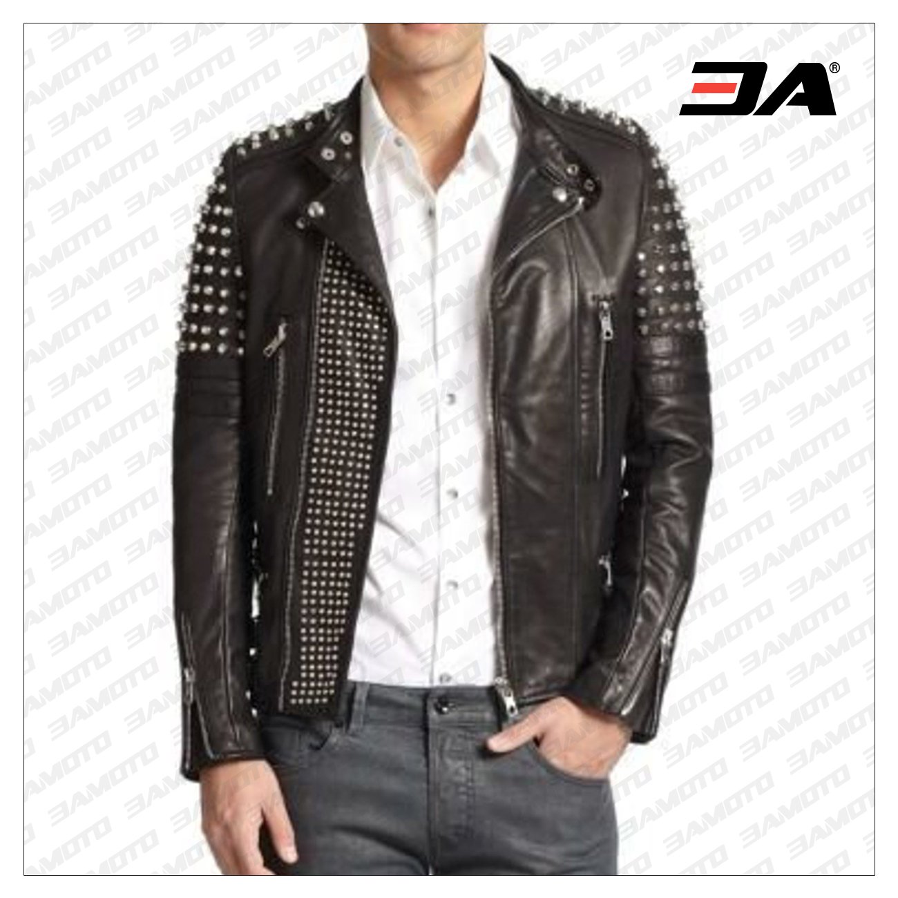 Handmade Men Black Gold Studded Leather Biker Jacket - 3A MOTO LEATHER