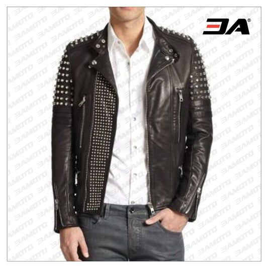 Handmade Men Black Gold Studded Leather Biker Jacket - 3A MOTO LEATHER - Fashion Leather Jackets USA - 3AMOTO