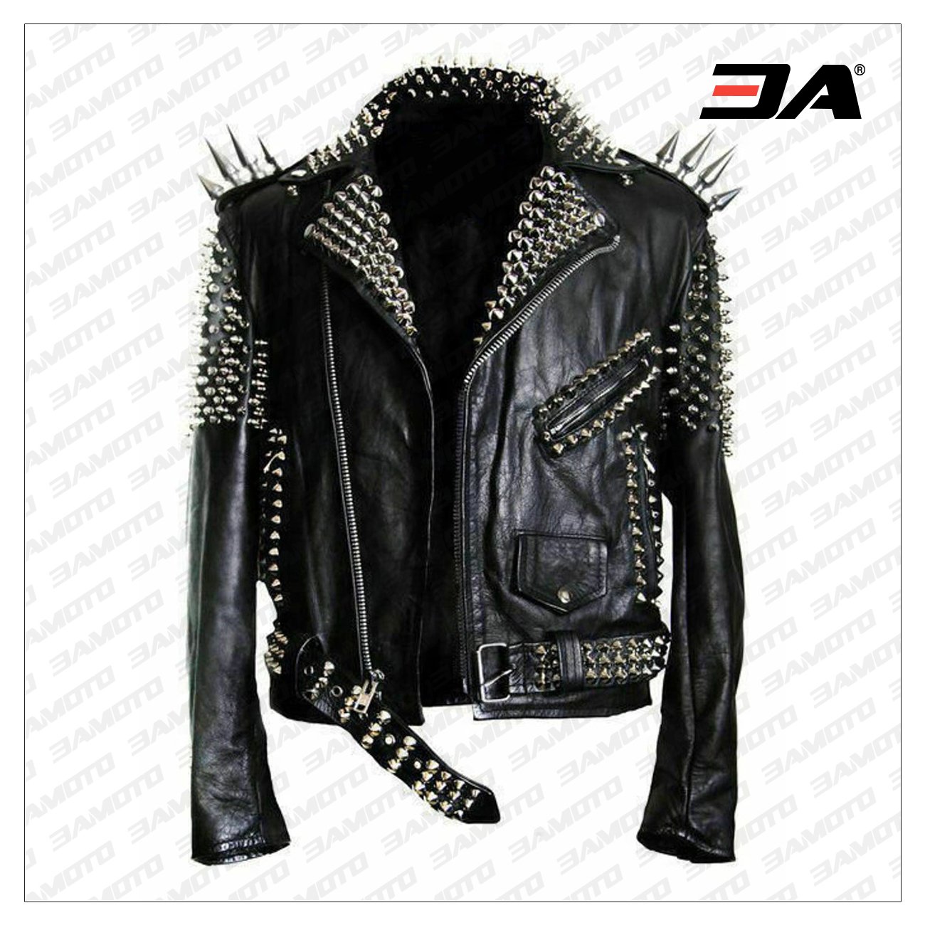 Handmade Mens Black Fashion Long Studded Punk Style Leather Jacket - 3A MOTO LEATHER