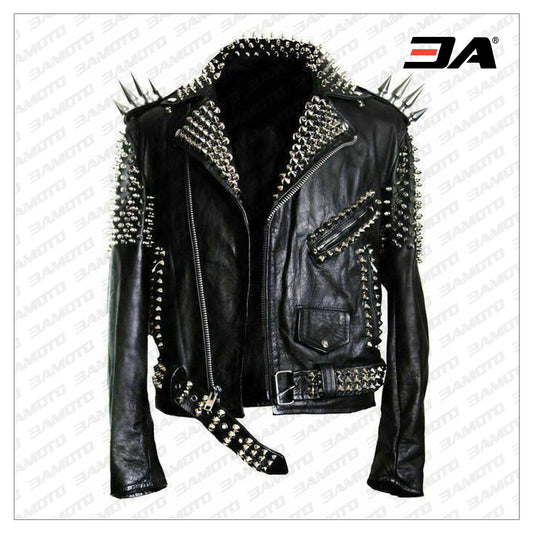 Handmade Mens Black Fashion Long Studded Punk Style Leather Jacket - 3A MOTO LEATHER - 3amoto shop