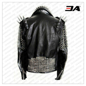 Handmade Mens Black Fashion Long Studded Punk Style Leather Jacket - 3A MOTO LEATHER