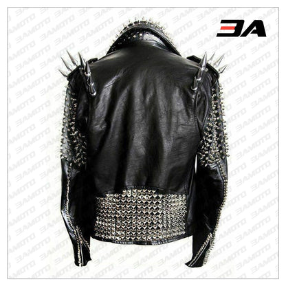 Handmade Mens Black Fashion Long Studded Punk Style Leather Jacket - 3A MOTO LEATHER