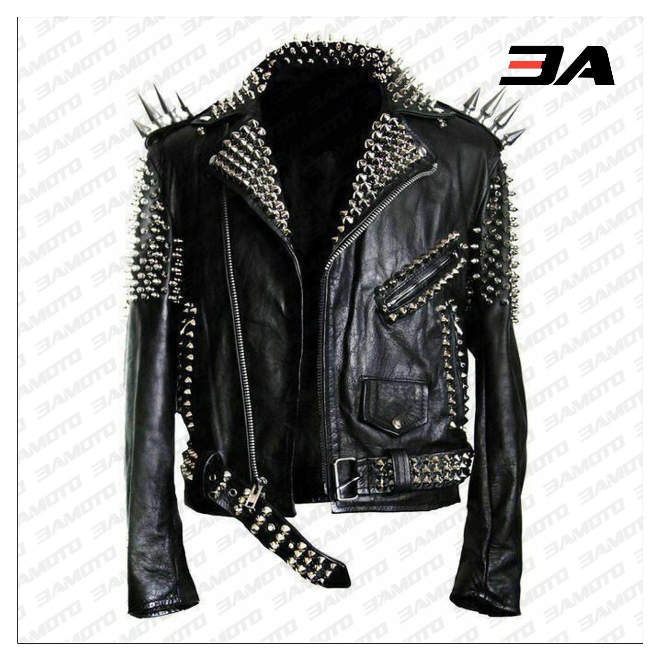 Handmade Mens Black Fashion Long Studded Punk Style Leather Jacket - 3A MOTO LEATHER