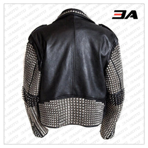Handmade Mens Black Fashion Punk Style Studded Leather Jacket Biker Jacket - 3A MOTO LEATHER