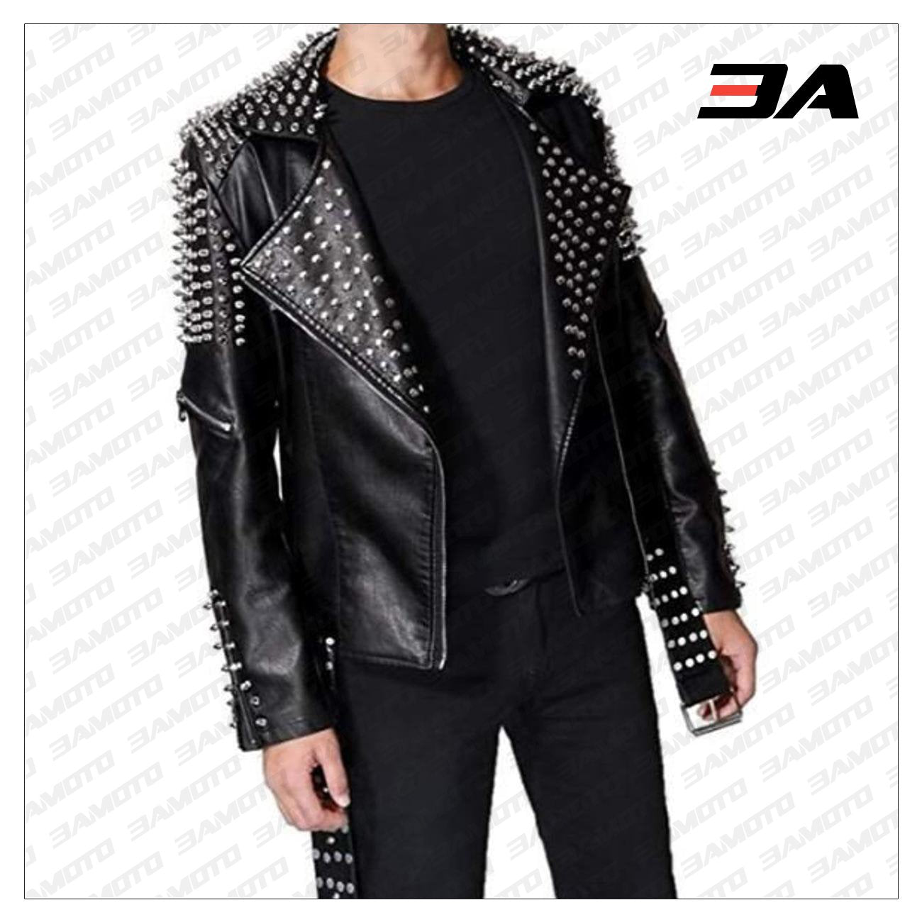 Handmade Men's Black Fashion Studded Punk Style Leather Jacket - 3A MOTO LEATHER