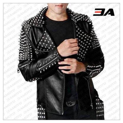 Handmade Men's Black Fashion Studded Punk Style Leather Jacket - 3A MOTO LEATHER