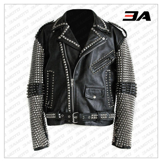 Handmade Mens Black Fashion Punk Style Studded Leather Jacket Biker Jacket - 3A MOTO LEATHER - 3amoto shop