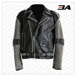 Handmade Mens Black Fashion Punk Style Studded Leather Jacket Biker Jacket - 3A MOTO LEATHER