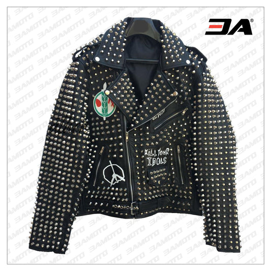 Handmade Mens Black Fashion Studded Punk Style Leather Jacket - 3A MOTO LEATHER - Fashion Leather Jackets USA - 3AMOTO