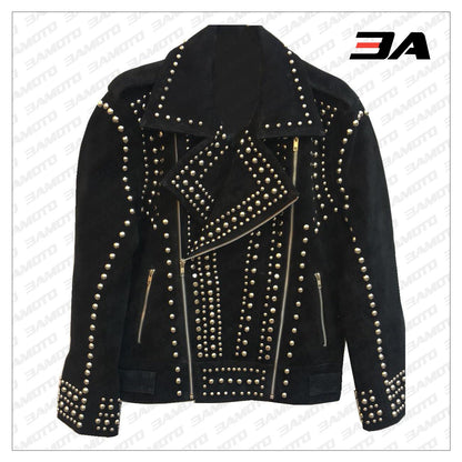 Handmade Mens Black Fashion Studded Punk Style Suede Jacket - 3A MOTO LEATHER