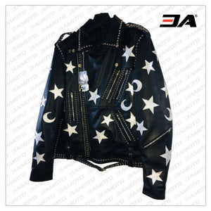 Handmade Mens Black Leather Studded Stars Punk Style Jacket - 3A MOTO LEATHER