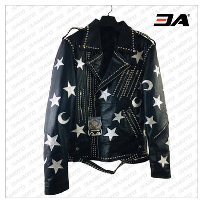 Handmade Mens Black Leather Studded Stars Punk Style Jacket - 3A MOTO LEATHER