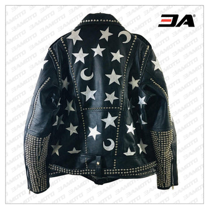 Handmade Mens Black Leather Studded Stars Punk Style Jacket - 3A MOTO LEATHER