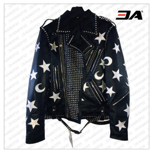 Handmade Mens Black Leather Studded Stars Punk Style Jacket - 3A MOTO LEATHER
