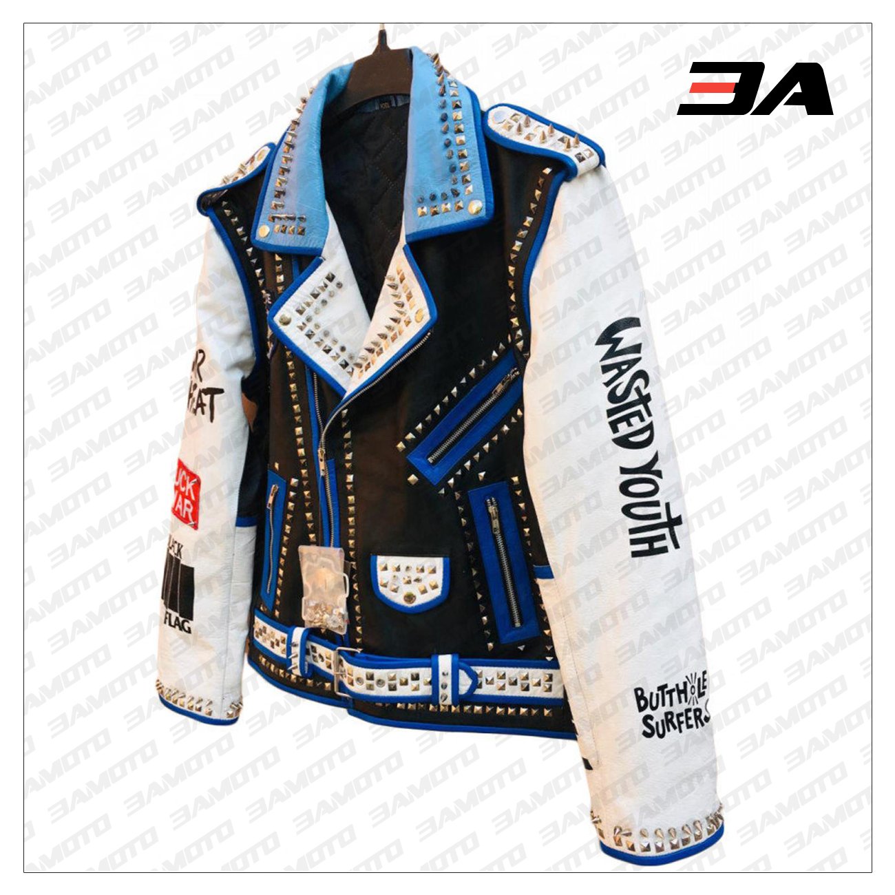 Handmade Mens Fashion Studded Punk Style blue and white Leather Jacket - 3A MOTO LEATHER