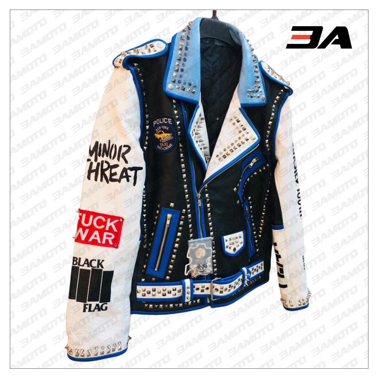 Handmade Mens Fashion Studded Punk Style blue and white Leather Jacket - 3A MOTO LEATHER