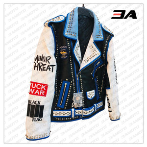 Handmade Mens Fashion Studded Punk Style blue and white Leather Jacket - 3A MOTO LEATHER