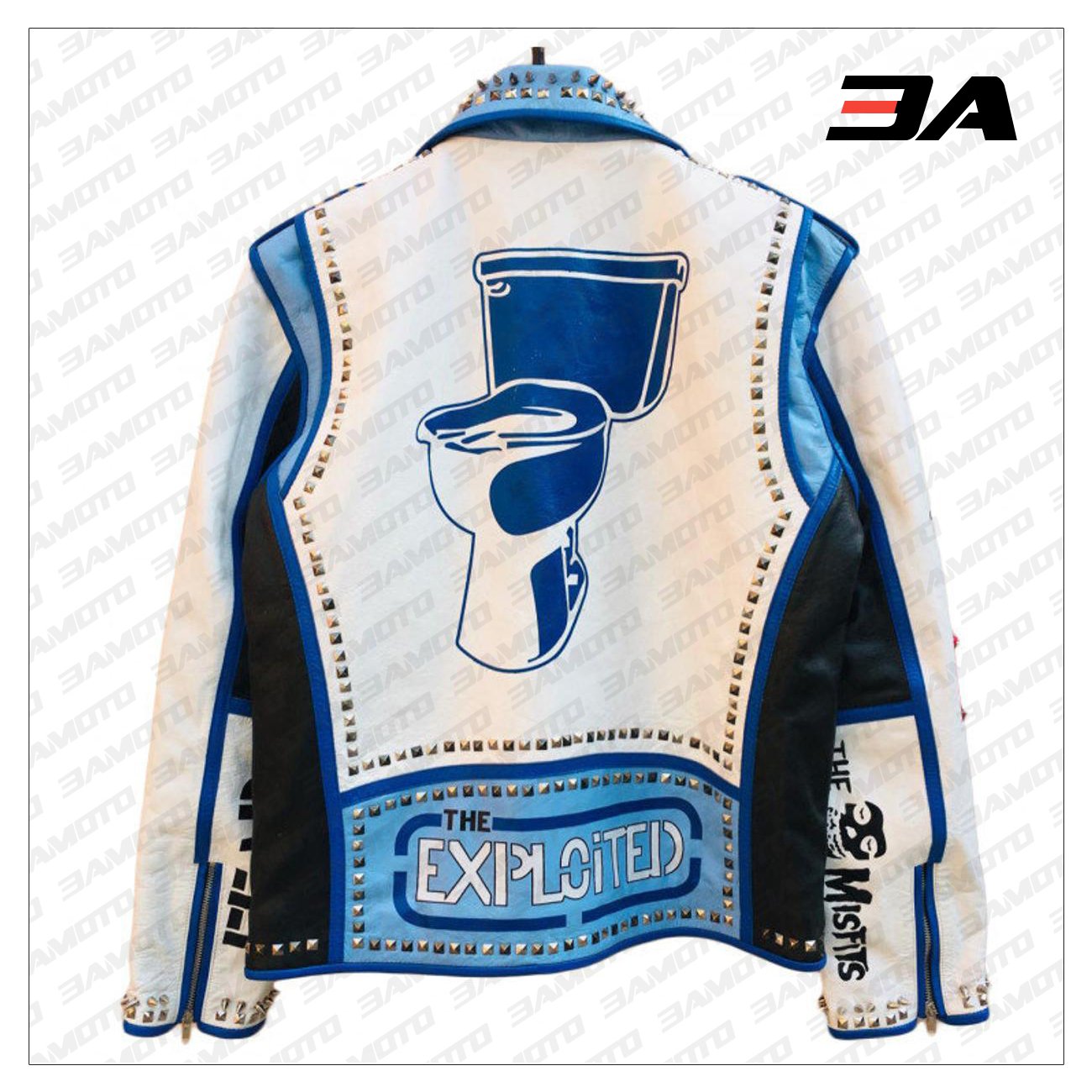 Handmade Mens Fashion Studded Punk Style blue and white Leather Jacket - 3A MOTO LEATHER