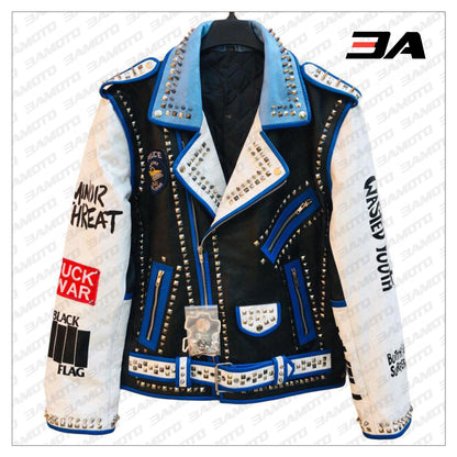 Handmade Mens Fashion Studded Punk Style blue and white Leather Jacket - 3A MOTO LEATHER