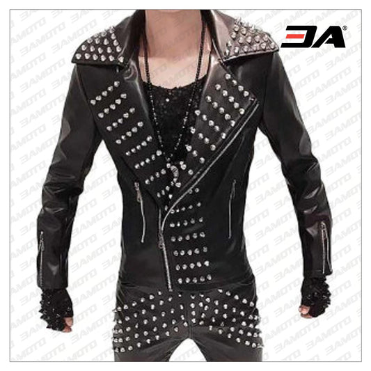 Handmade Mens Studded Leather Jacket with Silver Studs,Rock Style Leather Jacket, Stylish Leather jacket - 3A MOTO LEATHER - Fashion Leather Jackets USA - 3AMOTO