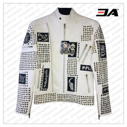 Handmade Mens White Leather Studded Phillip Plein Punk Style Jacket - 3A MOTO LEATHER