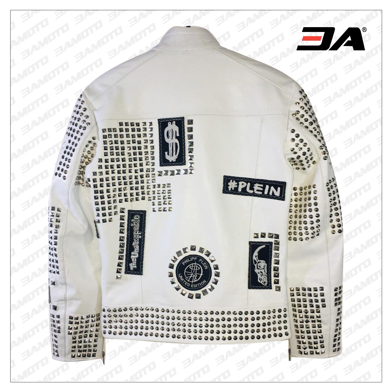 Handmade Mens White Leather Studded Phillip Plein Punk Style Jacket - 3A MOTO LEATHER