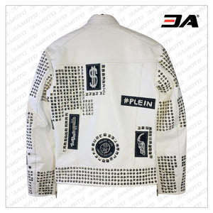 Handmade Mens White Leather Studded Phillip Plein Punk Style Jacket - 3A MOTO LEATHER