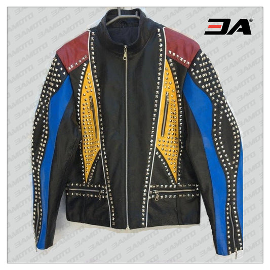 Handmade Multi Color Biker Jackets, Real Leather Studded Jackets For Men - 3A MOTO LEATHER - Fashion Leather Jackets USA - 3AMOTO