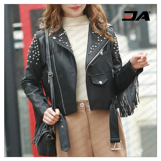 Handmade New Woman Full White Brando Punk Silver Metal Studded Design Leather Jacket, Western style fringes jacket women - 3A MOTO LEATHER - Fashion Leather Jackets USA - 3AMOTO