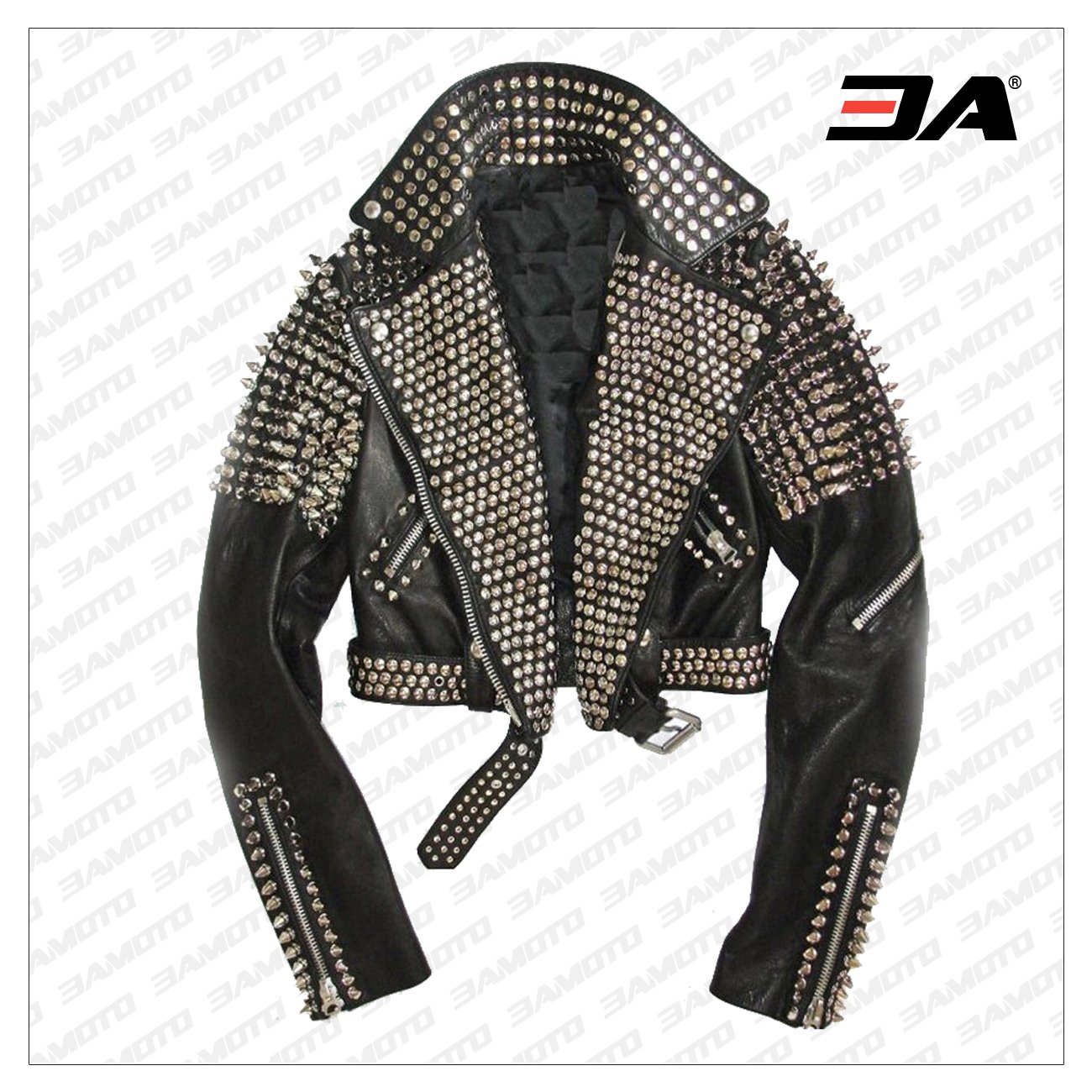 Women's Cross Zip Studded Brando Biker Leather Jacket – TruClothing
