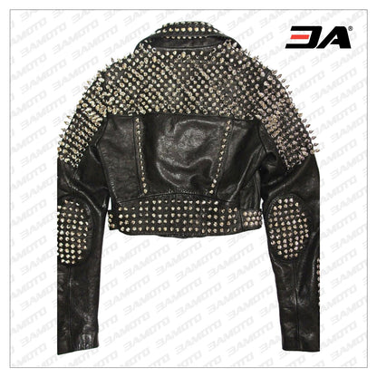 Handmade Punk Studded Black Belted Style Biker Silver Studs Spiked Jacket For Womens - 3A MOTO LEATHER