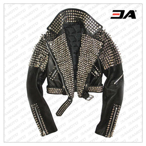 Handmade Punk Studded Black Belted Style Biker Silver Studs Spiked Jacket For Womens - 3A MOTO LEATHER