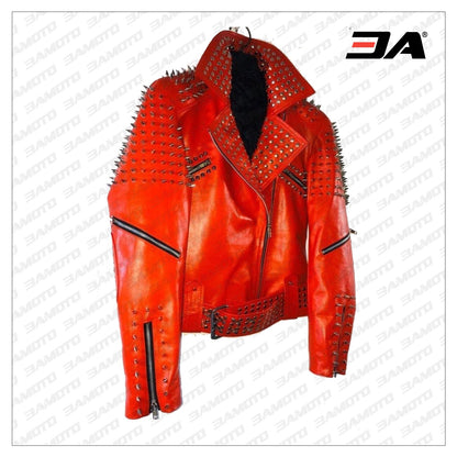 Handmade Red Punk Biker Jackets, Casual Leather Studded Jackets For Men - 3A MOTO LEATHER