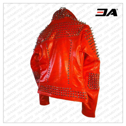 Handmade Red Punk Biker Jackets, Casual Leather Studded Jackets For Men - 3A MOTO LEATHER