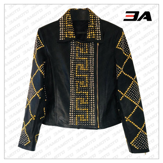 Handmade Women Black Leather Golden Studded Punk Style Jacket - 3A MOTO LEATHER - 3amoto shop