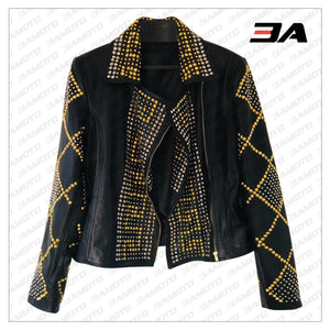 Handmade Women Black Leather Golden Studded Punk Style Jacket - 3A MOTO LEATHER