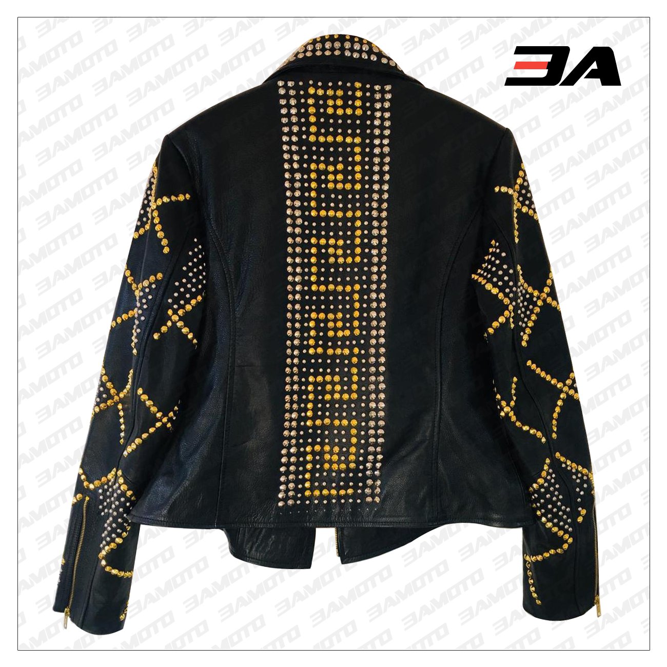 Handmade Women Black Leather Golden Studded Punk Style Jacket - 3A MOTO LEATHER